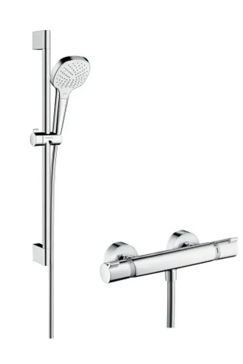 Brausesystem von Hansgrohe mit Handbrause, Brausestange und Thermostat. Metallisches Finish in Chrom. Montage an der Wand, das Design ist funktional und modern.